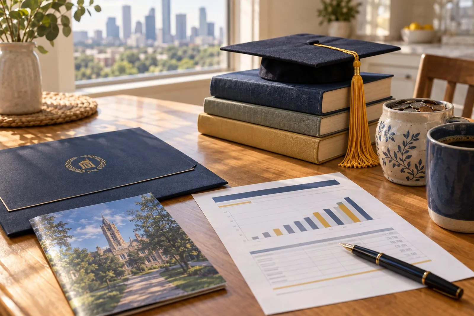 A kitchen table with a graduation cap on a stack of textbooks, a navy acceptance folder, a campus brochure, a printed college savings worksheet with a bar chart, a fountain pen, a jar of coins and a mug of coffee, with the Houston skyline through the window